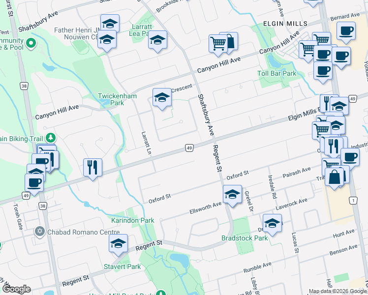 map of restaurants, bars, coffee shops, grocery stores, and more near 382 Elgin Mills Road West in Richmond Hill