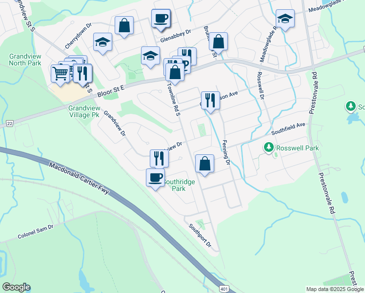 map of restaurants, bars, coffee shops, grocery stores, and more near 868 Grandview Drive in Oshawa