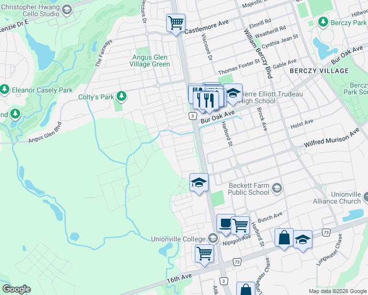 map of restaurants, bars, coffee shops, grocery stores, and more near 16 William Shearn Crescent in Markham
