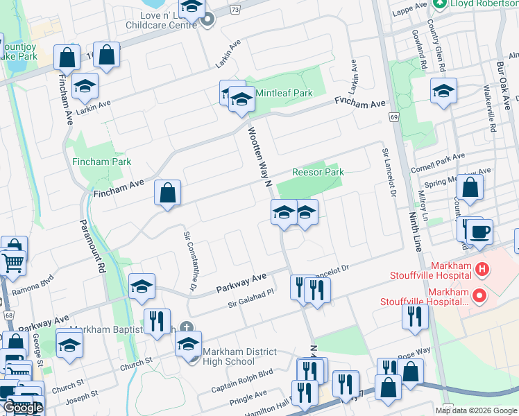 map of restaurants, bars, coffee shops, grocery stores, and more near 47 Avondale Crescent in Markham