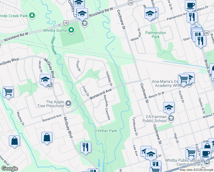 map of restaurants, bars, coffee shops, grocery stores, and more near 60 Habitant Crescent in Whitby