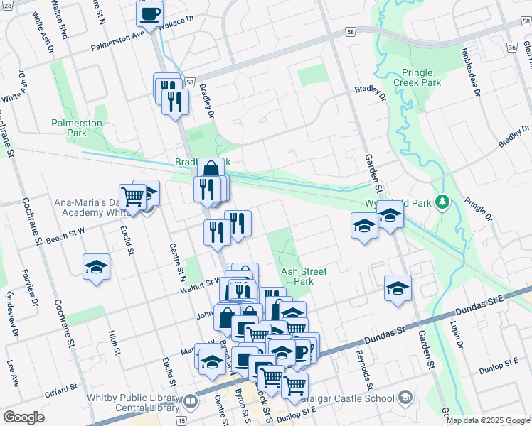 map of restaurants, bars, coffee shops, grocery stores, and more near in Whitby