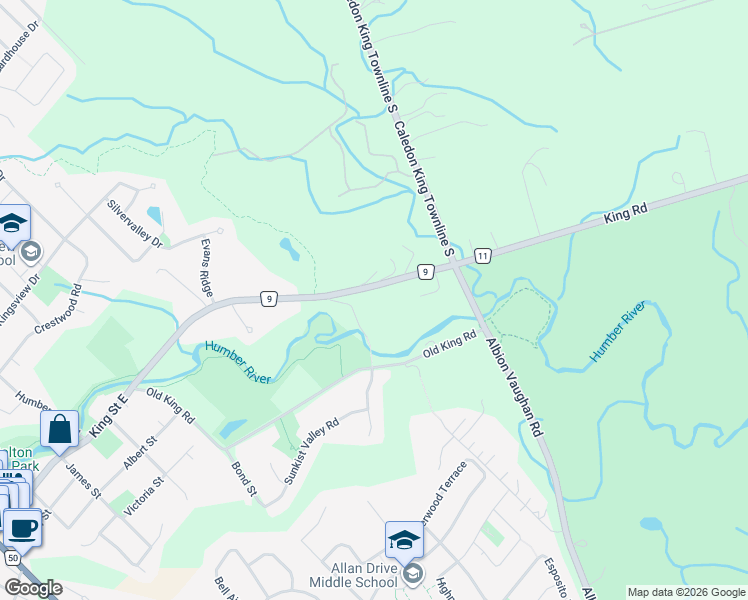 map of restaurants, bars, coffee shops, grocery stores, and more near 508 King Street East in Bolton