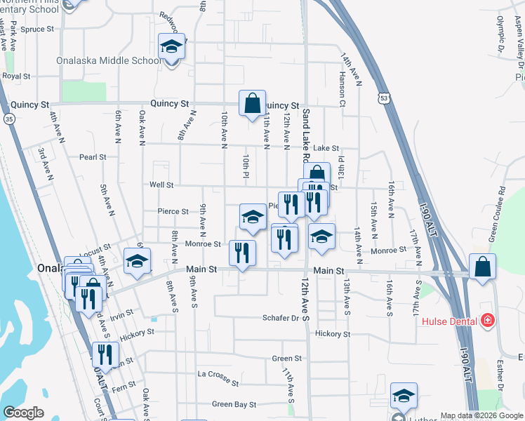 map of restaurants, bars, coffee shops, grocery stores, and more near 321 11th Avenue North in Onalaska