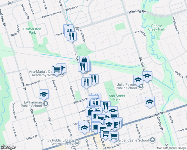 map of restaurants, bars, coffee shops, grocery stores, and more near 103 Muir Crescent in Whitby