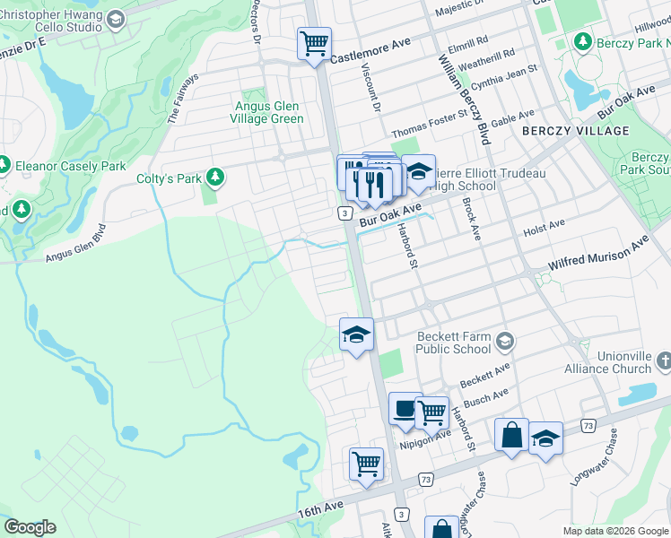 map of restaurants, bars, coffee shops, grocery stores, and more near 24 William Shearn Crescent in Markham