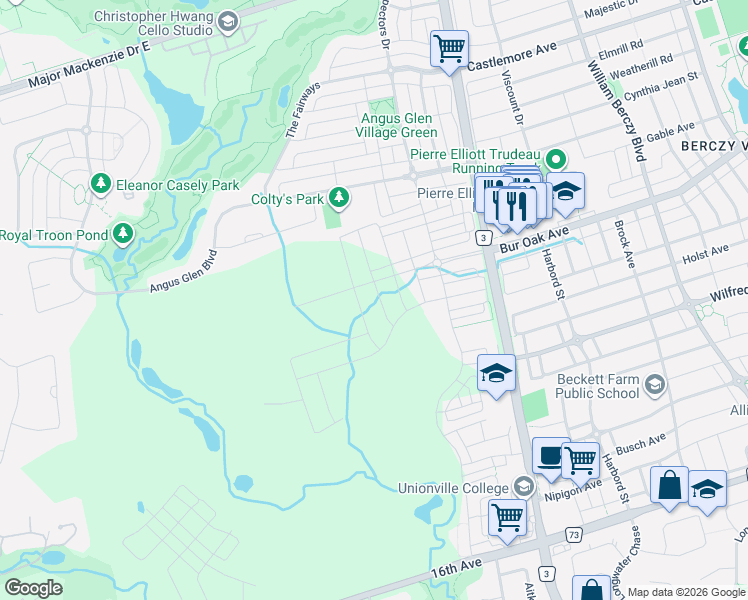 map of restaurants, bars, coffee shops, grocery stores, and more near 30 Freeman Williams Street in Markham