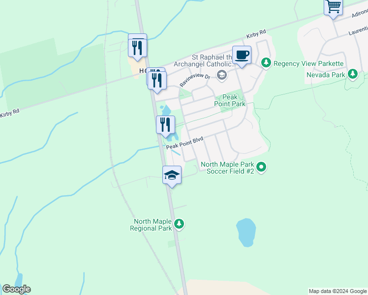 map of restaurants, bars, coffee shops, grocery stores, and more near 275 Peak Point Boulevard in Vaughan