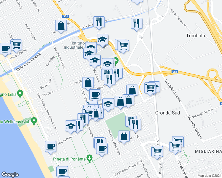 map of restaurants, bars, coffee shops, grocery stores, and more near 105 Via Pier Luigi da Palestrina in Viareggio