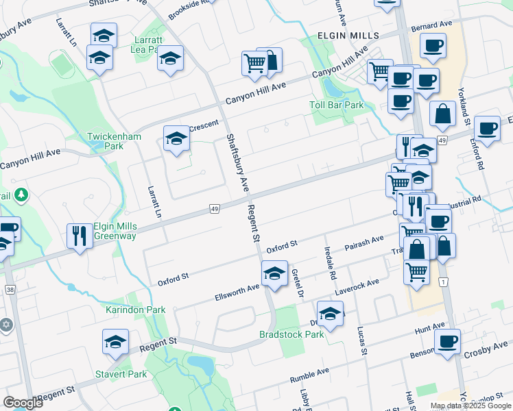 map of restaurants, bars, coffee shops, grocery stores, and more near 231 Regent Street in Richmond Hill