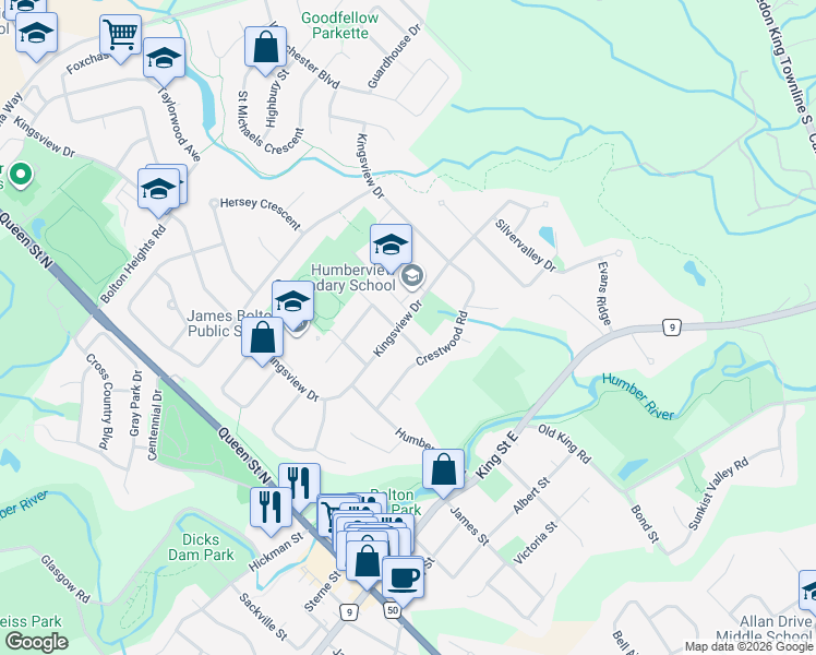 map of restaurants, bars, coffee shops, grocery stores, and more near 138 Kingsview Drive in Bolton