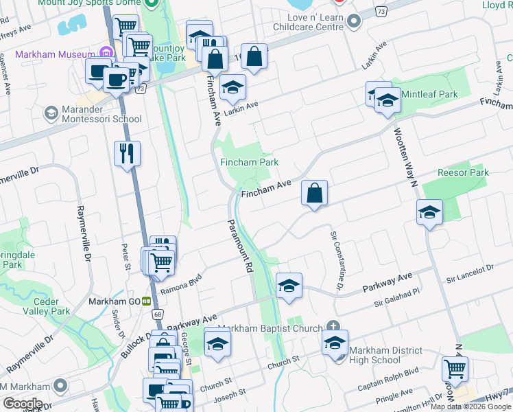 map of restaurants, bars, coffee shops, grocery stores, and more near 38 Daniel Court in Markham