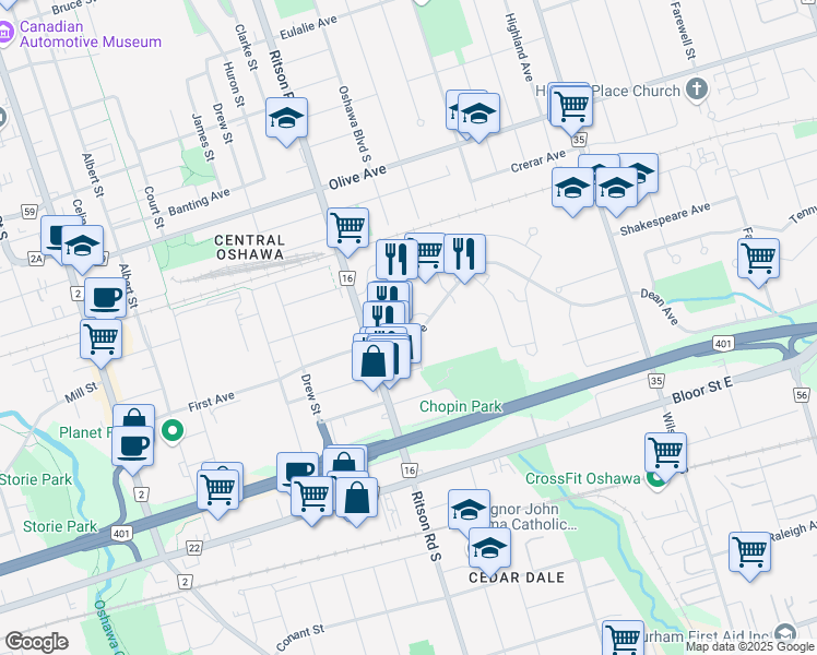 map of restaurants, bars, coffee shops, grocery stores, and more near in Oshawa