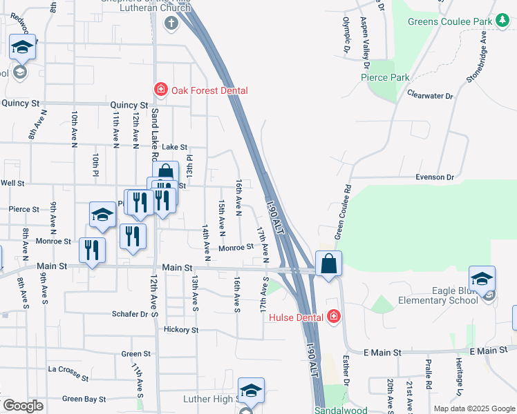 map of restaurants, bars, coffee shops, grocery stores, and more near 312 17th Avenue North in Onalaska