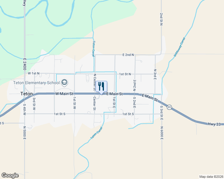 map of restaurants, bars, coffee shops, grocery stores, and more near 7 1st Street East in Teton