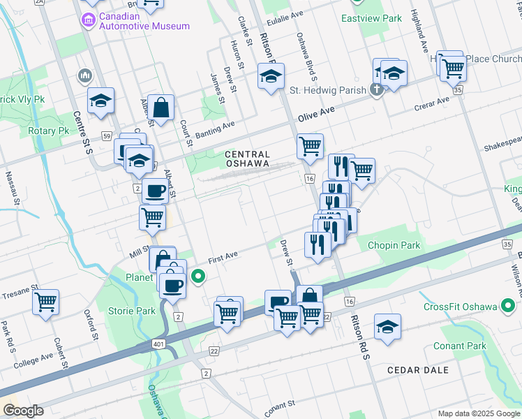 map of restaurants, bars, coffee shops, grocery stores, and more near in Oshawa