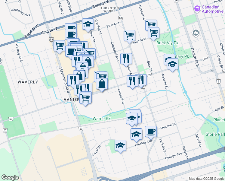 map of restaurants, bars, coffee shops, grocery stores, and more near 385 Gibb Street in Oshawa
