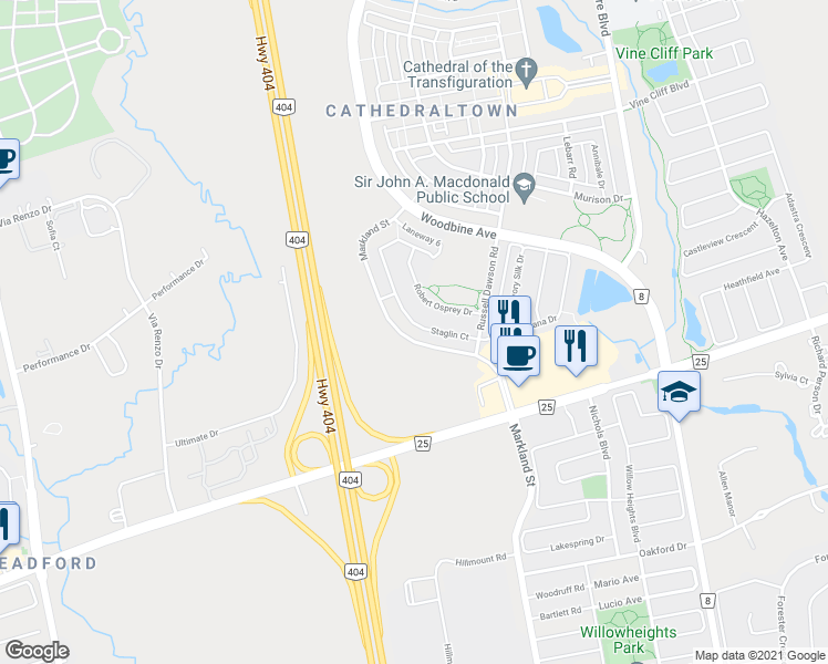 map of restaurants, bars, coffee shops, grocery stores, and more near 49 Staglin Court in Markham