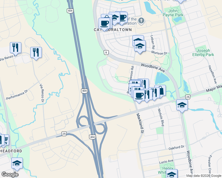 map of restaurants, bars, coffee shops, grocery stores, and more near 49 Staglin Court in Markham