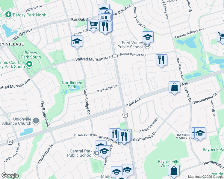 map of restaurants, bars, coffee shops, grocery stores, and more near 191 Trail Ridge Lane in Markham