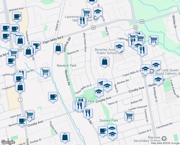 map of restaurants, bars, coffee shops, grocery stores, and more near 189 Taylor Mills Drive North in Richmond Hill