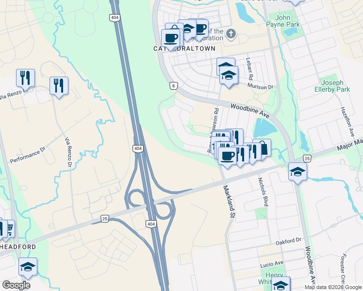 map of restaurants, bars, coffee shops, grocery stores, and more near 49 Staglin Court in Markham