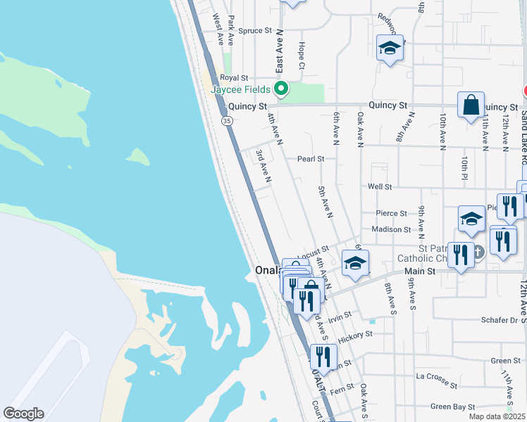 map of restaurants, bars, coffee shops, grocery stores, and more near 444 2nd Avenue North in Onalaska