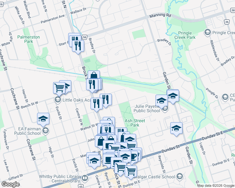map of restaurants, bars, coffee shops, grocery stores, and more near 513 Ash Street in Whitby