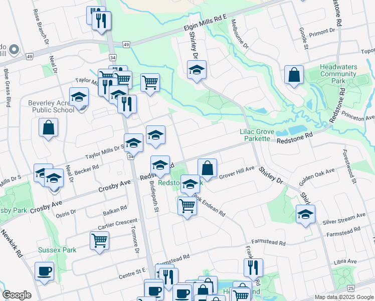 map of restaurants, bars, coffee shops, grocery stores, and more near 5 Angelica Avenue in Richmond Hill