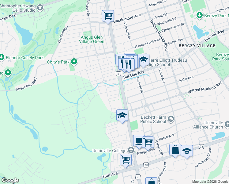 map of restaurants, bars, coffee shops, grocery stores, and more near 21 Gilbert Wright Avenue in Markham