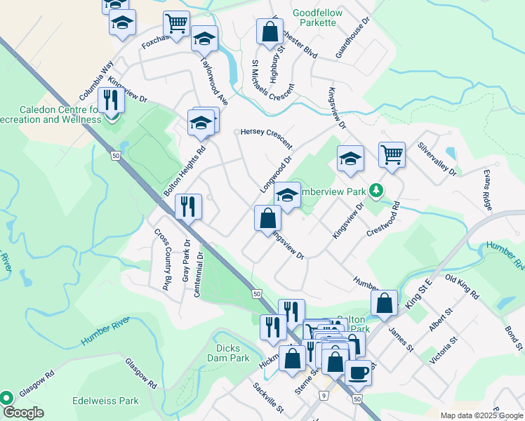 map of restaurants, bars, coffee shops, grocery stores, and more near 269 Kingsview Drive in Bolton