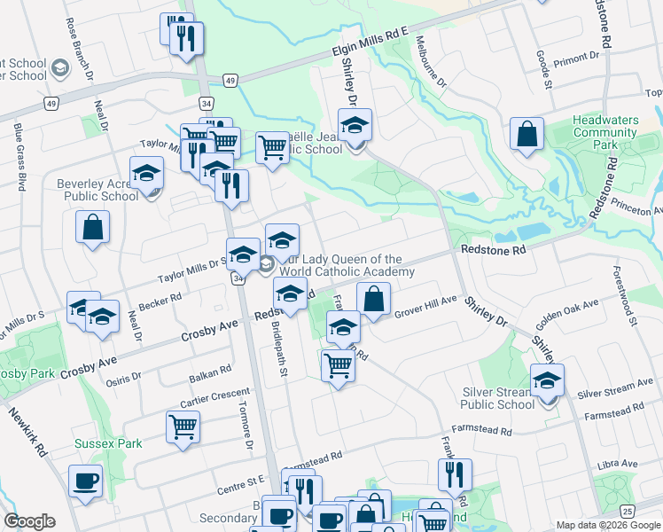 map of restaurants, bars, coffee shops, grocery stores, and more near 211 Frank Endean Road in Richmond Hill