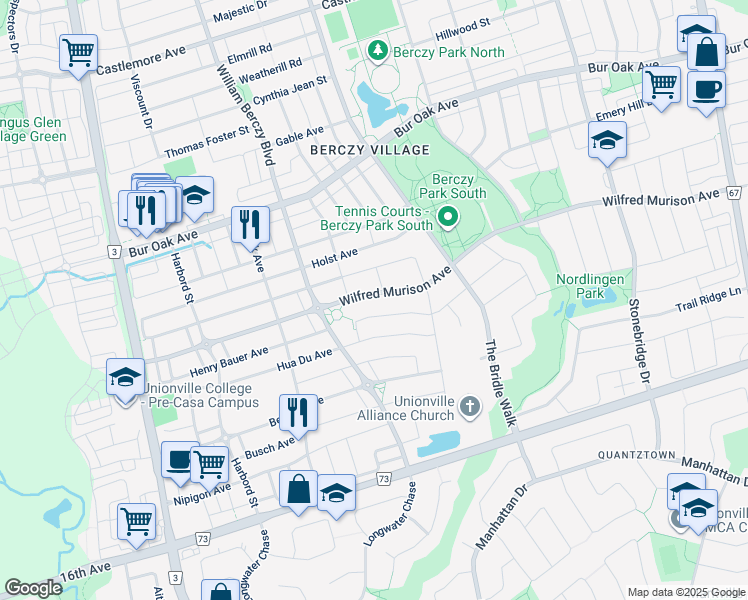 map of restaurants, bars, coffee shops, grocery stores, and more near 293 Wilfred Murison Avenue in Markham