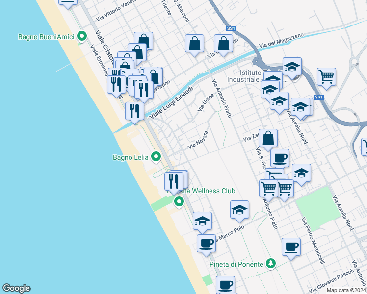 map of restaurants, bars, coffee shops, grocery stores, and more near 12 Quartiere Duca D'Aosta in Viareggio