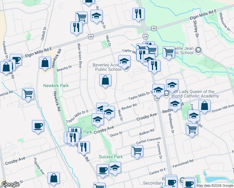map of restaurants, bars, coffee shops, grocery stores, and more near 235 Neal Drive in Richmond Hill