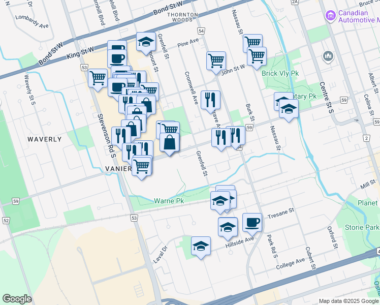 map of restaurants, bars, coffee shops, grocery stores, and more near 385 Gibb Street in Oshawa