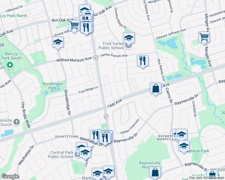 map of restaurants, bars, coffee shops, grocery stores, and more near 41 Armillo Place in Markham