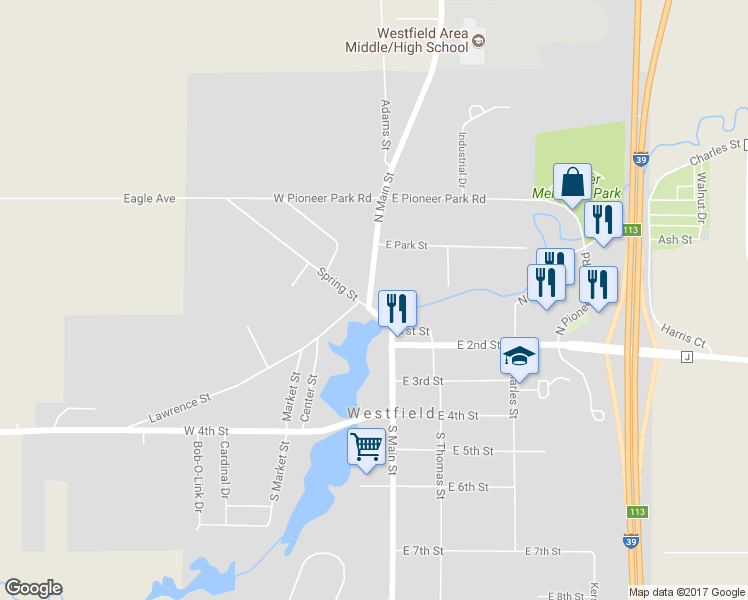 map of restaurants, bars, coffee shops, grocery stores, and more near 250 North Main Street in Westfield