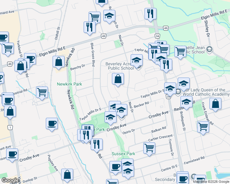 map of restaurants, bars, coffee shops, grocery stores, and more near 397 Browndale Crescent in Richmond Hill