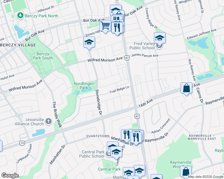 map of restaurants, bars, coffee shops, grocery stores, and more near 142 Trail Ridge Lane in Markham