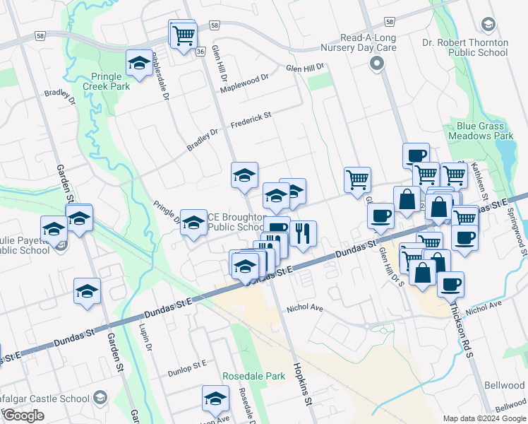map of restaurants, bars, coffee shops, grocery stores, and more near in Whitby