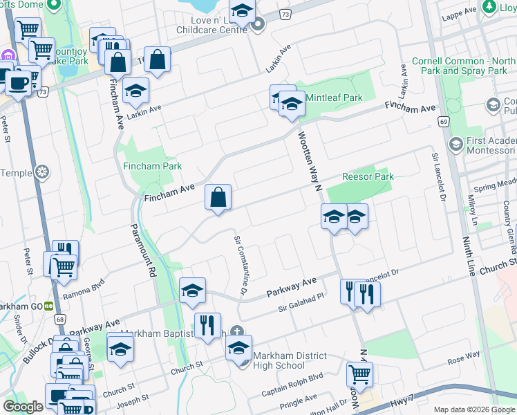 map of restaurants, bars, coffee shops, grocery stores, and more near 105 Ramona Boulevard in Markham