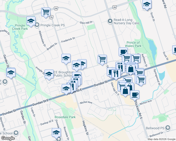 map of restaurants, bars, coffee shops, grocery stores, and more near 29 Evaleigh Court in Whitby
