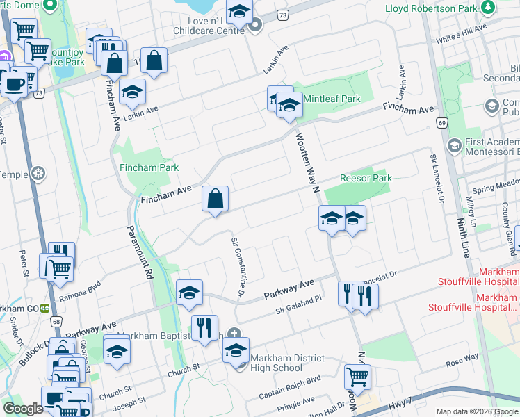 map of restaurants, bars, coffee shops, grocery stores, and more near 105 Ramona Boulevard in Markham