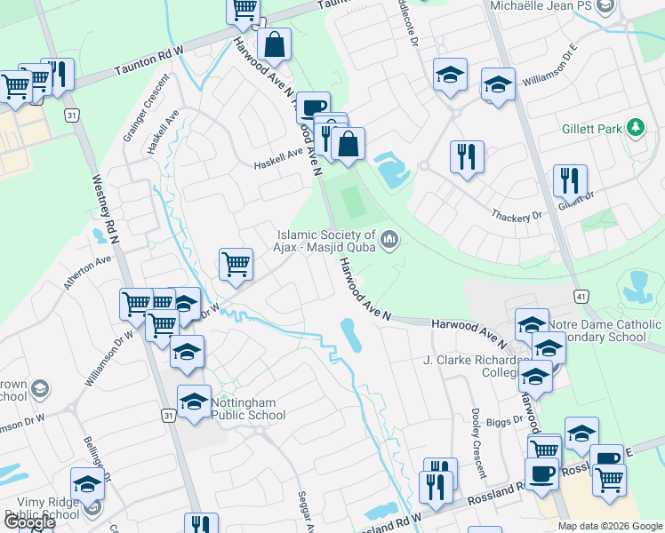 map of restaurants, bars, coffee shops, grocery stores, and more near 58 Morland Crescent in Ajax