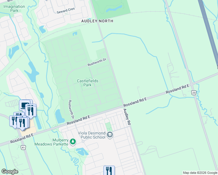 map of restaurants, bars, coffee shops, grocery stores, and more near 16 Barden Crescent in Ajax