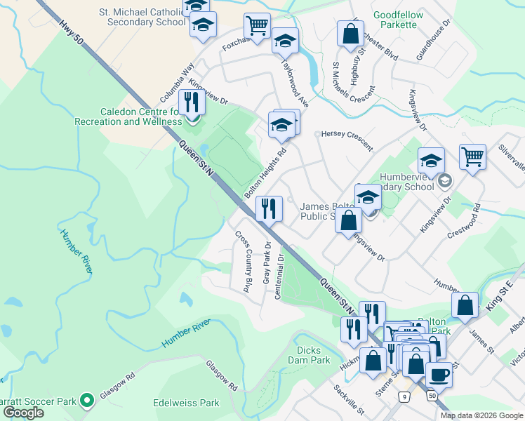 map of restaurants, bars, coffee shops, grocery stores, and more near 326 Whitehead Crescent in Bolton