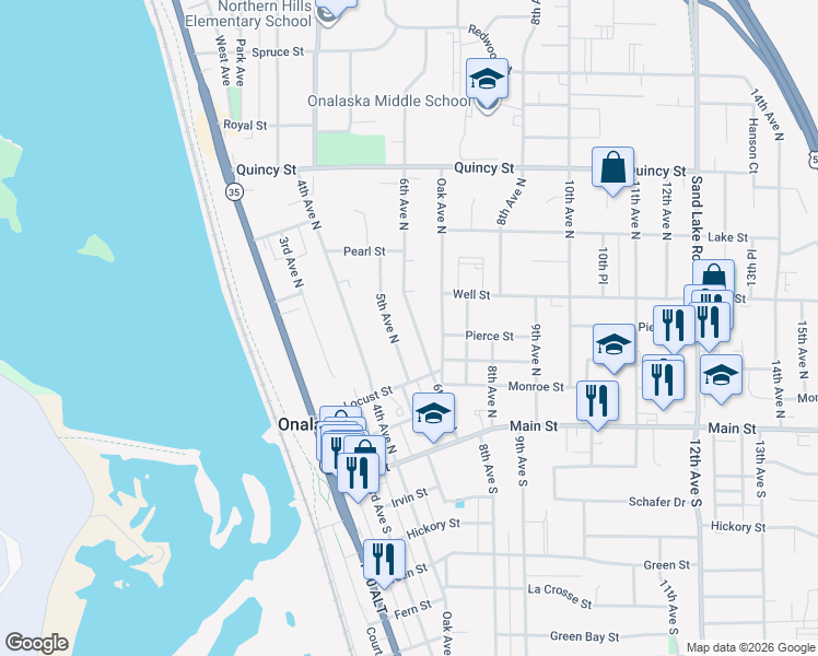 map of restaurants, bars, coffee shops, grocery stores, and more near 339 6th Avenue North in Onalaska