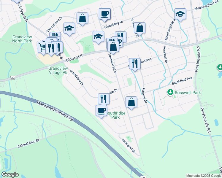 map of restaurants, bars, coffee shops, grocery stores, and more near 807 Wesley Drive in Oshawa