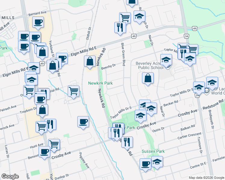 map of restaurants, bars, coffee shops, grocery stores, and more near in Richmond Hill